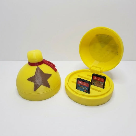 Yellow spherical container with a star emblem and a smaller yellow object inside on a white background