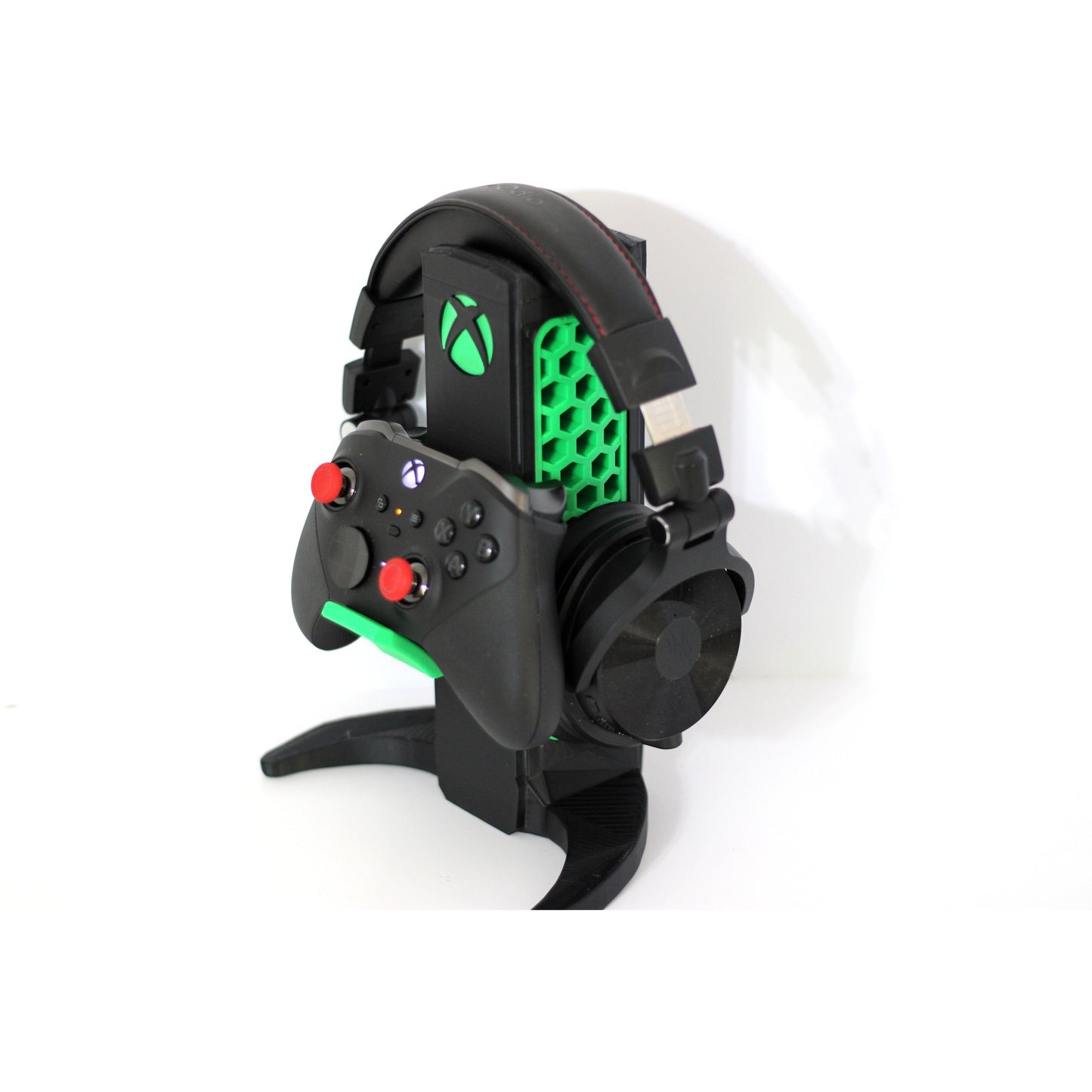 Xbox-Inspired Headset & Controller Stand — 2-in-1 Tower with Honeycomb Accent